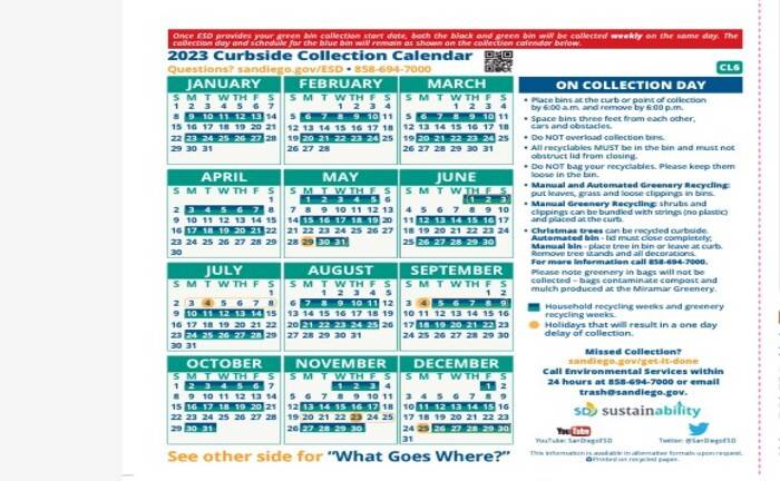 San Diego Recycling Schedule 2023 calendar